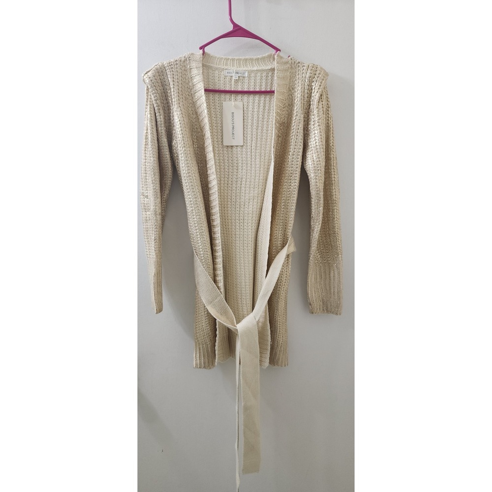 Bisous‎ Project Metallic Gold Knit Cardigan Puff Shoulder Tie Waist Small Medium
